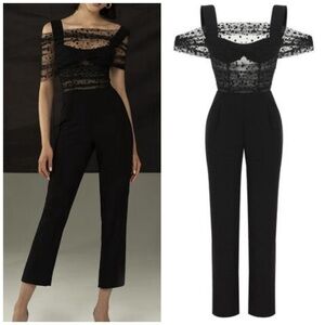 Rasario Draped Crepe Tulle Swiss Polka Dot Jumpsuit Black US 4 Cocktail Formal